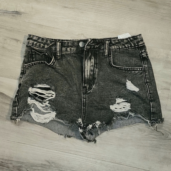 SHEIN Black Distressed Denim Shorts High-Waisted - Picture 1 of 3